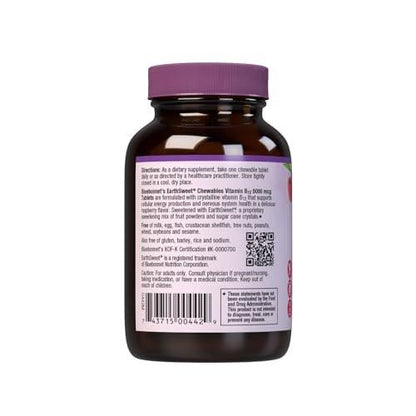 BlueBonnet Nutrition Earth Sweet Vitamin B12 5000 mcg Chewable Tablets, Soy-Free, Gluten-Free, Kosher Certified, Dairy-Free, Vegan, Raspberry Flavored, 60 Chewable Tablets, 60 Servings