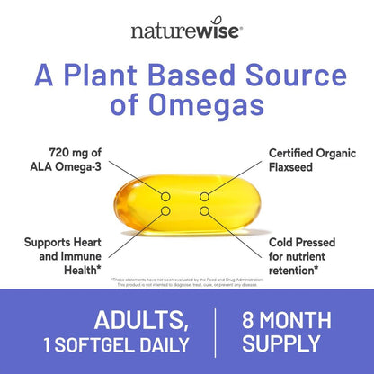 NatureWise Flaxseed Oil 1,242 mg, Fish Free Omega 3 6 9 with 720mg ALA, Dietary Supplement for Heart Health Support - Organic, Cold Pressed, Non-GMO - 240 Softgels (8-Month Supply)