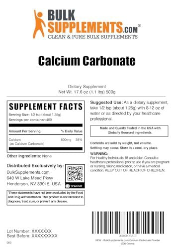 BulkSupplements.com Calcium Carbonate Powder - Calcium Carbonate Food Grade, High Absorption - Gluten Free, 1.25g per Serving, 500g (1.1 lbs) (Pack of 1) - görsel 12