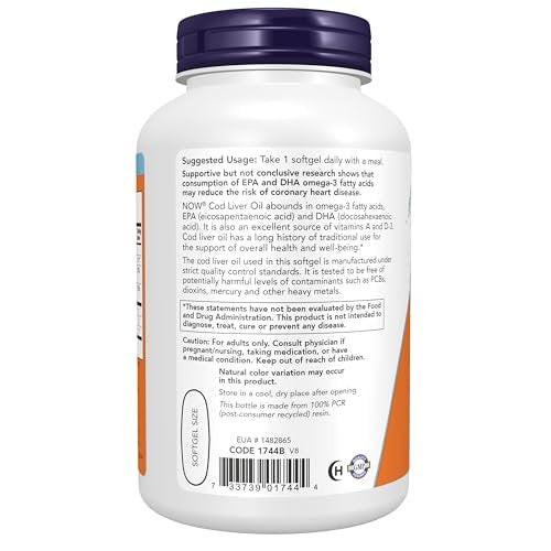 NOW Foods Supplements, Cod Liver Oil, Extra Strength 1,000 mg with Vitamins A & D-3, EPA, DHA, 180 Softgels - görsel 3