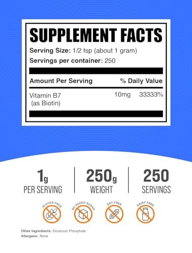 BulkSupplements.com Biotin 10000mcg Powder - Vitamin B7, Vitamins for Hair, Skin, and Nails - Gluten Free, 1g per Serving (10mg Biotin), 250g (8.8 oz) (Pack of 1)