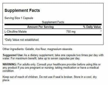 Swanson L-Citrulline Malate - Amino Acid Supplement Promoting Energy Production & Healthy Blood Circulation - Natural Formula Supporting Overall Wellness - (60 Capsules, 750mg Each)