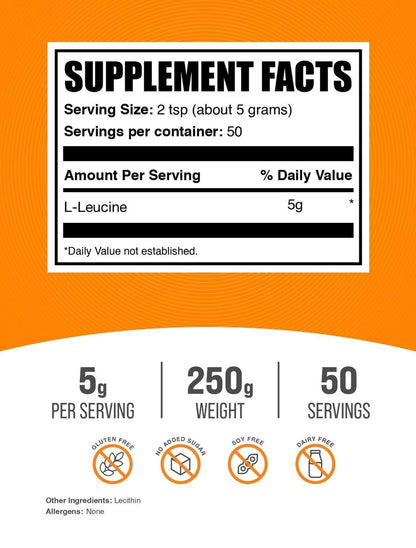 BulkSupplements.com L-Leucine Powder - Leucine Supplements, BCAA Supplements - Amino Acid Powder, Unflavored, 5g per Serving, 250g (8.8 oz) (Pack of 1)
