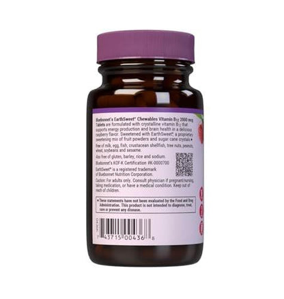 BlueBonnet Nutrition Earth Sweet Vitamin B12 5000 mcg Chewable Tablets, Soy-Free, Gluten-Free, Kosher Certified, Dairy-Free, Vegan, Raspberry Flavored, 60 Chewable Tablets, 60 Servings