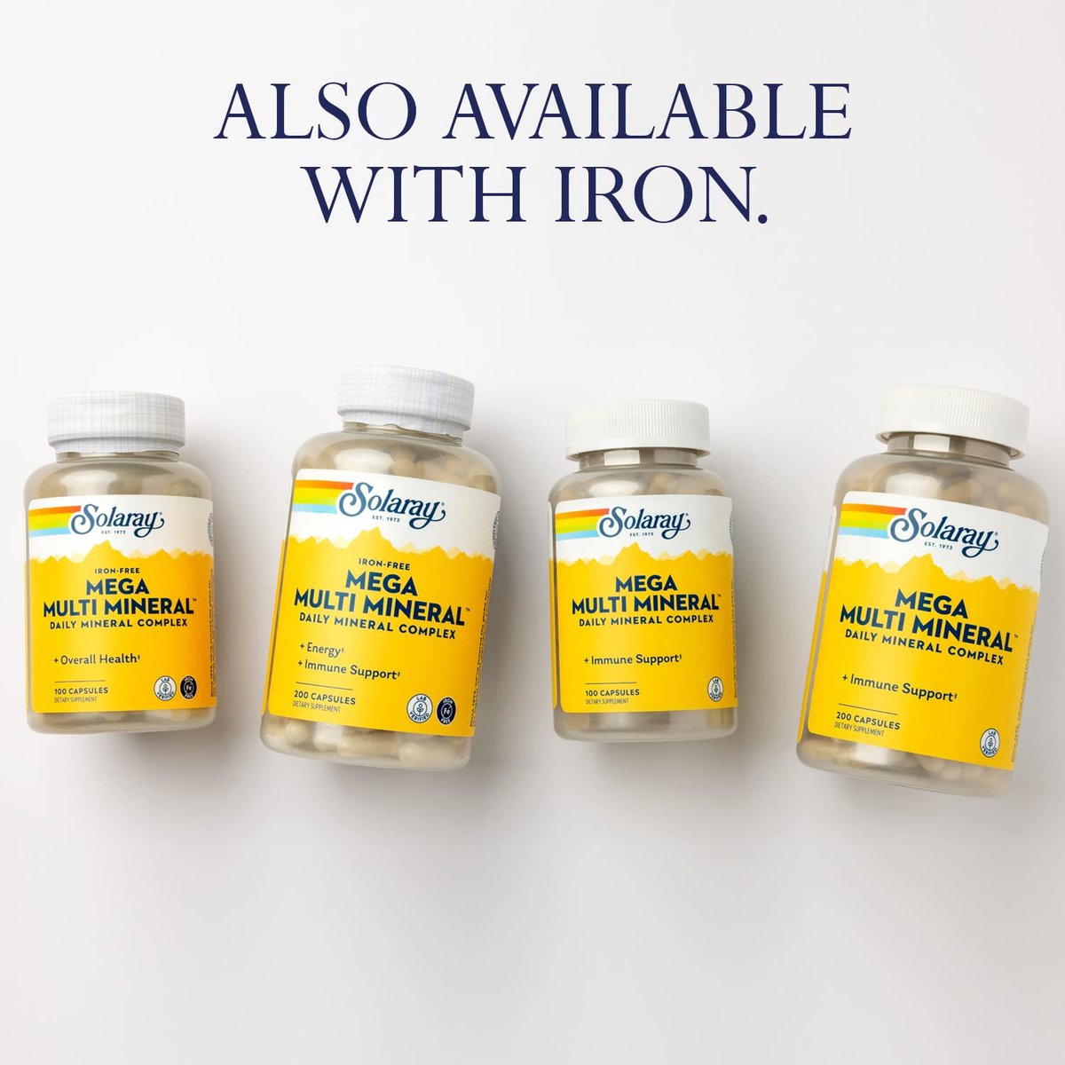 SOLARAY Mega Multi Mineral, Iron Free - Daily Mineral Supplement w/Trace Minerals, Electrolytes, Calcium, Magnesium, Zinc, Selenium, Boron - Cellular Energy, Immune Support, 60-Day Guarantee, 50 Serv - görsel 2