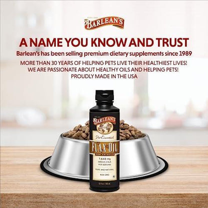 Barlean's Flaxseed Oil for Animals, Pet Essential Liquid Omega 3 Fatty Acids Cat and Dog Oil Supplements for Skin and Coat, Omega 3 for Dogs, Cats and Other Pets, 12 oz