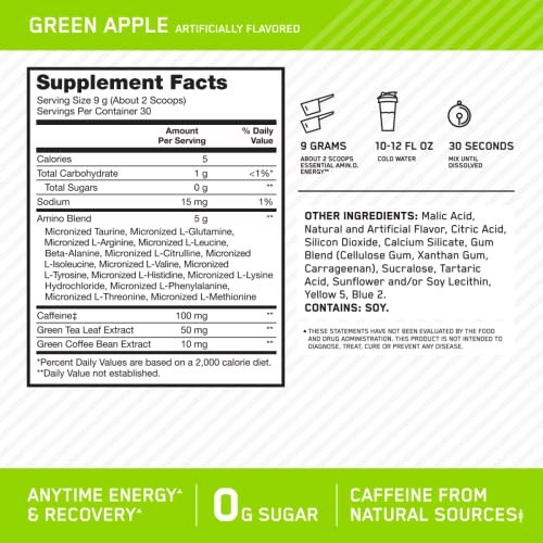 Optimum Nutrition Amino Energy - Pre Workout with Green Tea, BCAA, Amino Acids, Keto Friendly, Green Coffee Extract, Energy Powder - Green Apple, 30 Servings (Packaging May Vary) - görsel 6
