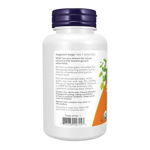 NOW Foods Supplements, Certified Organic, Spirulina 1000 mg (Double Strength), Rich in Beta-Carotene (Vitamin A) and B-12 with naturally occurring GLA , 120 Tablets - görsel 6