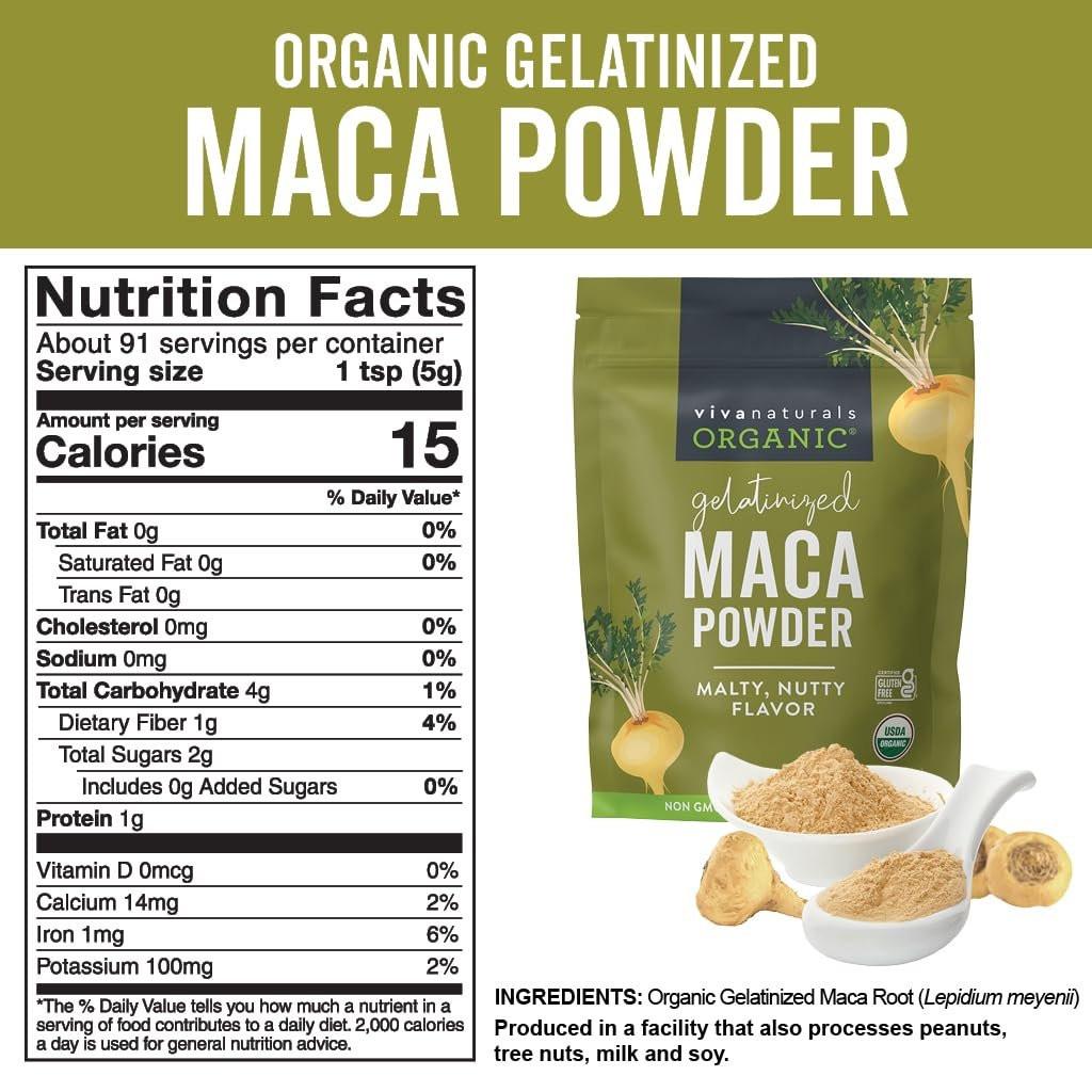 Viva Naturals Organic Maca Powder, Gelatinized, 16 oz (1 lb) – Vegan, USDA Organic, Gluten-Free, Non-GMO Peruvian Superfood in Resealable Bag - görsel 9