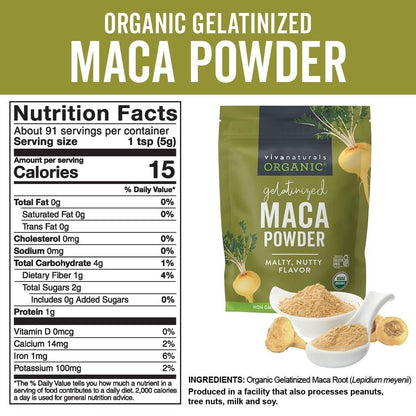 Viva Naturals Organic Maca Powder, Gelatinized, 16 oz (1 lb) – Vegan, USDA Organic, Gluten-Free, Non-GMO Peruvian Superfood in Resealable Bag