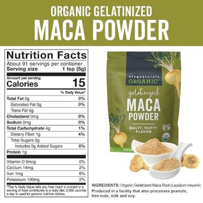 Viva Naturals Organic Maca Powder, Gelatinized, 16 oz (1 lb) – Vegan, USDA Organic, Gluten-Free, Non-GMO Peruvian Superfood in Resealable Bag
