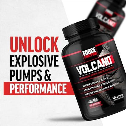 Force Factor Volcano Pre Workout Nitric Oxide Booster Supplement for Men with Creatine and L-Citrulline to Boost Energy, Help Build Muscle, Better Pump and Workout, 120 Capsules