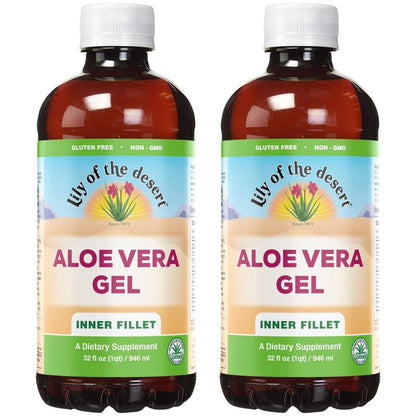 Lily Of The Desert Aloe Vera Gel - Inner Fillet Thicker Consistency Aloe Vera Drink with Natural Vitamins, Digestive Enzymes for Gut Health, Stomach Relief, Wellness, Glowing Skin, 32 Oz (Pack of 2)