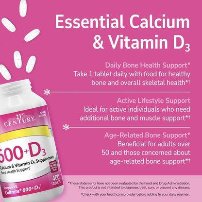 21st Century Calcium Plus D Supplement Tablet, 600 mg, 400 Count
