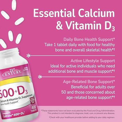 21st Century Calcium Plus D Supplement Tablet, 600 mg, 400 Count