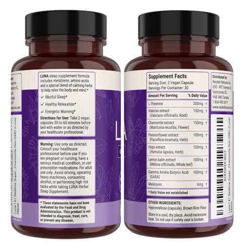 Nested Naturals Luna Sleep Aid - Non-Habit Forming Natural Sleeping Pills for Adults with Naturally Sourced Ingredients - Valerian Root, Melatonin, Chamomile, Lemon Balm, & More - 60 Vegan Capsules - görsel 8