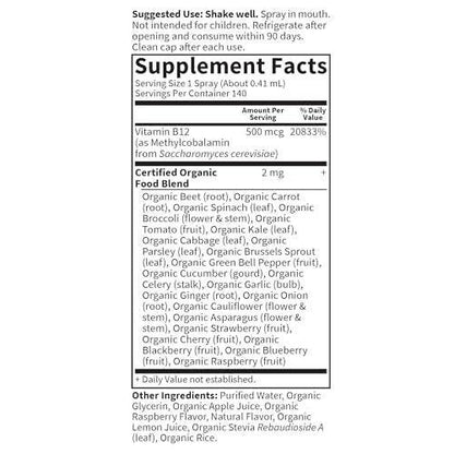 Garden of Life Organics B-12 Spray with Methylcobalamin – Liquid Vitamin Spray for Energy, Metabolism & Heart Health Support, Raspberry Flavor, 2 Fl Oz Bottle, 140 Servings