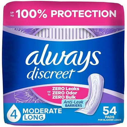 Always Discreet Adult Incontinence Pads for Women, Drier, 4 Drop Long Length, Moderate Absorbency, Pads for Bladder Control Management, Bladder Leaks, & Postpartum Pads, 54ct