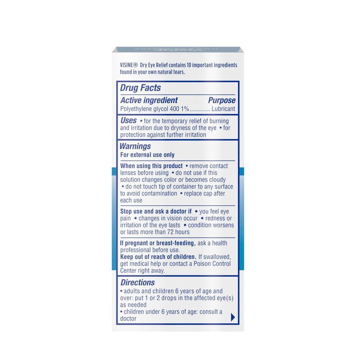 Visine Dry Eye Relief Lubricant Eye Drops to Moisturize and Soothe Irritated, Gritty and Dry Eyes, Designed to Work Like Real Tears, Polyethylene Glycol 400, 0.5 fl. oz, 2 Pack - görsel 5