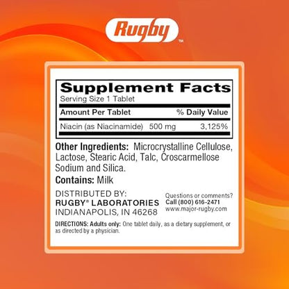 Rugby Niacinamide 500 mg Tablets, Gluten-Free Dietary Supplement for Adults, Supports Overall Health, No Artificial Flavors - 100 Count (Pack of 3)