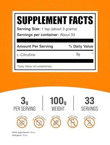 BulkSupplements.com L-Citrulline Powder - Citrulline Supplement, Nitric Oxide Supplement - Unflavored & Gluten Free - 3g per Servings, 100g (3.5 oz) (Pack of 1) - görsel 1