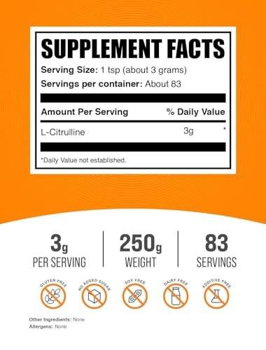 BulkSupplements.com L-Citrulline Powder - Circulation Supplements - Citrulline Supplement - L-Citrulline Powder - Vegan Pre Workout - Unflavored Pre Workout (250 Grams - 8.8 oz) - görsel 3
