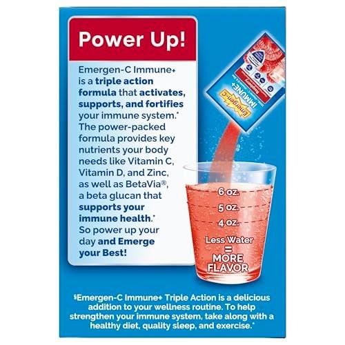 Emergen-C Immune+ Triple Action Immune Support Powder, BetaVia (R), 1000mg Vitamin C, B Vitamins, Vitamin D and Antioxidants, Raspberry – 30 Count - görsel 1