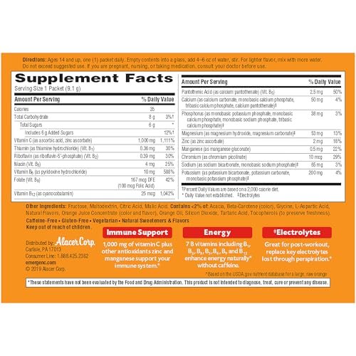 Emergen-C 1000mg Vitamin C Powder for Daily Immune Support Caffeine Free Vitamin C Supplements with Zinc and Manganese, B Vitamins and Electrolytes, Super Orange Flavor - 60 Count/2 Month Supply - görsel 2