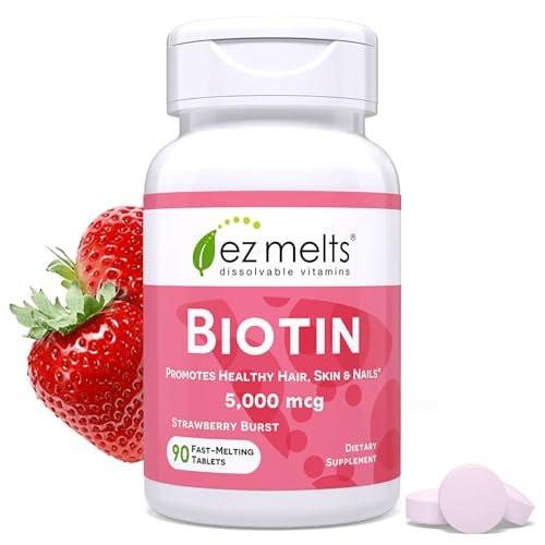 EZ Melts Biotin - Daily Vitamin B7 for Healthy Hair, Skin & Nails - Energy Metabolism Support - No Artificial Flavors - Non-GMO & Vegan - Strawberry Burst - 90 Dissolvable Tablets (90 Servings) - görsel 6