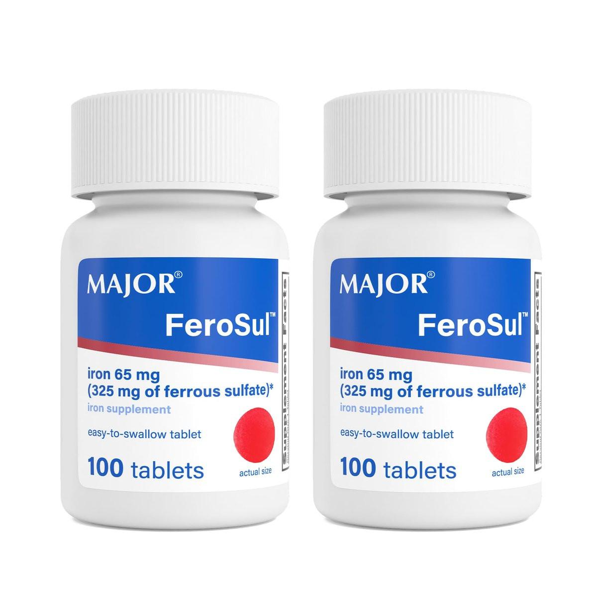 Major Ferosul - Ferrous Sulfate 325mg Tablets with 65mg of Elemental Iron - Iron Supplement for Women, Men - Red - 100 Count (2 Pack) - görsel 1
