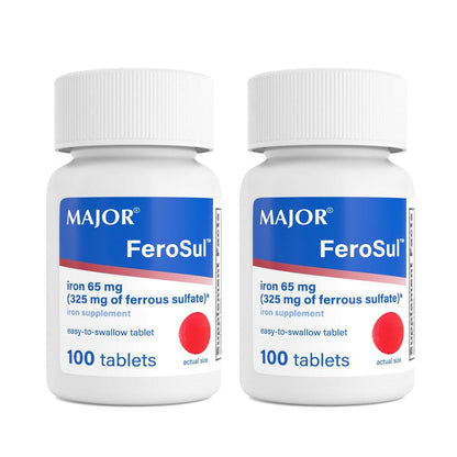 Major Ferosul - Ferrous Sulfate 325mg Tablets with 65mg of Elemental Iron - Iron Supplement for Women, Men - Red - 100 Count (2 Pack)