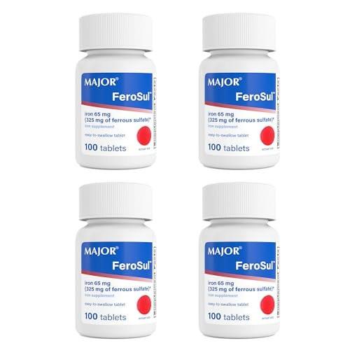 Major Ferosul - Ferrous Sulfate 325mg Tablets with 65mg of Elemental Iron - Iron Supplement for Women, Men - Red - 100 Count (4 Pack) - görsel 1