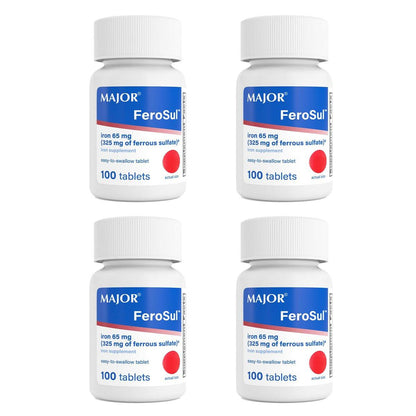Major Ferosul - Ferrous Sulfate 325mg Tablets with 65mg of Elemental Iron - Iron Supplement for Women, Men - Red - 100 Count (4 Pack)