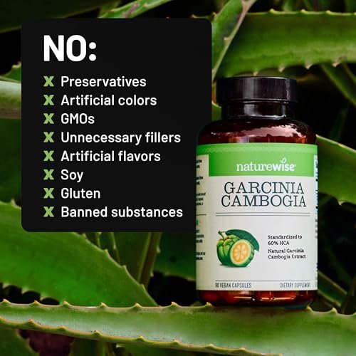 Naturewise Garcinia Cambogia - 60% HCA Concentration Extract, Natural Support for Weight Goals and Energy Levels - Vegan, Non-GMO, Gluten Free - 180 Capsules [2-6 Month Supply] - görsel 13
