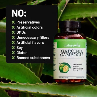 Naturewise Garcinia Cambogia - 60% HCA Concentration Extract, Natural Support for Weight Goals and Energy Levels - Vegan, Non-GMO, Gluten Free - 180 Capsules [2-6 Month Supply]
