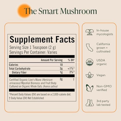 Om Lion’s Mane Mushroom Powder - Organic Mushroom Supplement and Nootropic - Support Memory, Focus and Nerve Health, 3.5 oz (50 Servings)