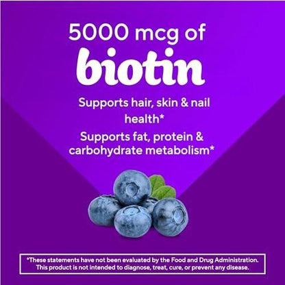 vitafusion Extra Strength Biotin Gummy Vitamins, Berry Flavored, 5,000 mcg Biotin Vitamins, America’s Number 1 Gummy Vitamin Brand, 50 Day Supply, 100 Count (packaging may vary)