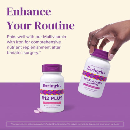 BariMelts Vitamin B12 Plus, 90 Fast-Dissolving Tablets (3-Month Supply), Sugar-Free Bariatric Vitamins for Women, Includes B12, B6, Folate and Biotin, Natural Cherry Flavor