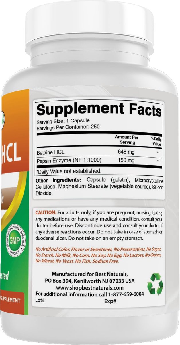 Best Naturals Betaine HCL 648 mg 250 Capsules - görsel 13