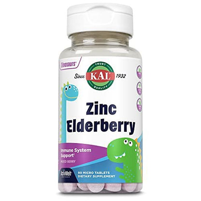 KAL Kids Zinc Elderberry Dinosaurs, Immune Support Supplement for Children with Sambucus Elderberry, Fast Dissolving Mixed Berry ActivMelts, Fun Tasty Dino Shapes, Vegan, 90 Servings, 90 Micro Tablets