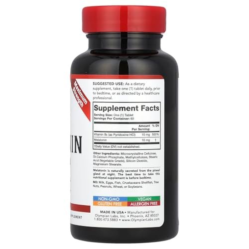 Olympian Labs Melatonin 10mg Time Release with Vitamin B6 - Maximum Strength Tablets - Drug-Free, Supports Restful Sleep, Nighttime Sleep Aid - 60 Vegan Tablets (60 Servings) - görsel 4