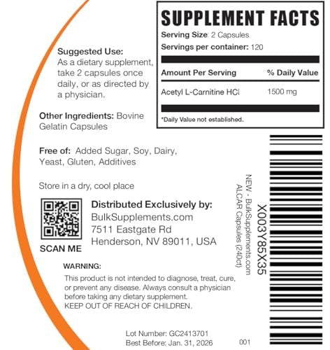 BulkSupplements Acetyl L-Carnitine Capsules - ALCAR HCl, 1500mg per Serving, 240 Capsules, Gluten Free - görsel 11
