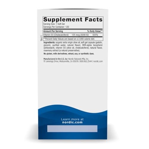 Nordic Naturals Vitamin D3 5000, Orange - 120 Mini Soft Gels - 5000 IU Vitamin D3 - Supports Healthy Bones, Mood & Immune System Function - Non-GMO - 120 Servings - görsel 4