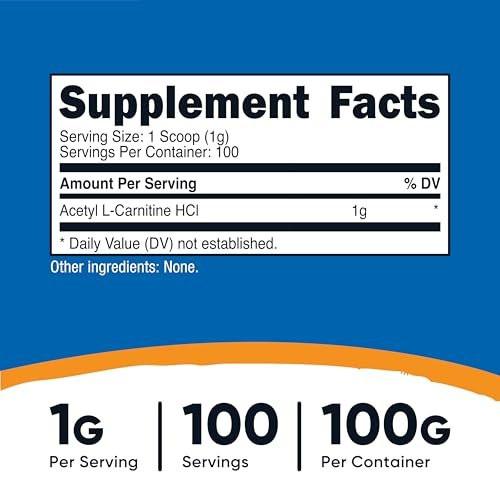 Nutricost Acetyl L-Carnitine HCI (ALCAR) 100 Grams per Container - 1G Per Serving - Non-GMO, Gluten Free, Unflavored - görsel 4