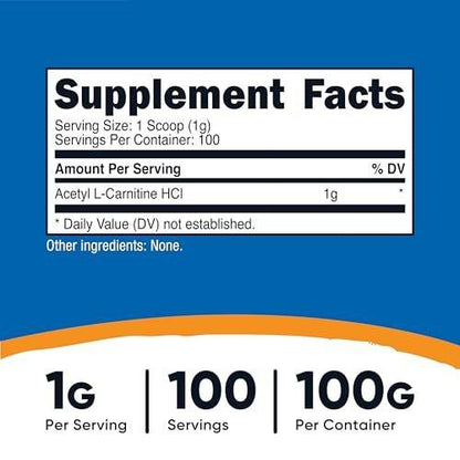Nutricost Acetyl L-Carnitine HCI (ALCAR) 100 Grams per Container - 1G Per Serving - Non-GMO, Gluten Free, Unflavored