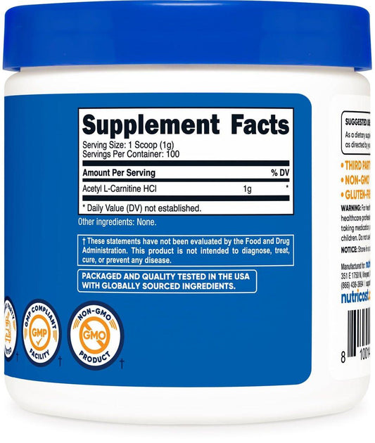 Nutricost Acetyl L-Carnitine HCI (ALCAR) 100 Grams per Container - 1G Per Serving - Non-GMO, Gluten Free, Unflavored