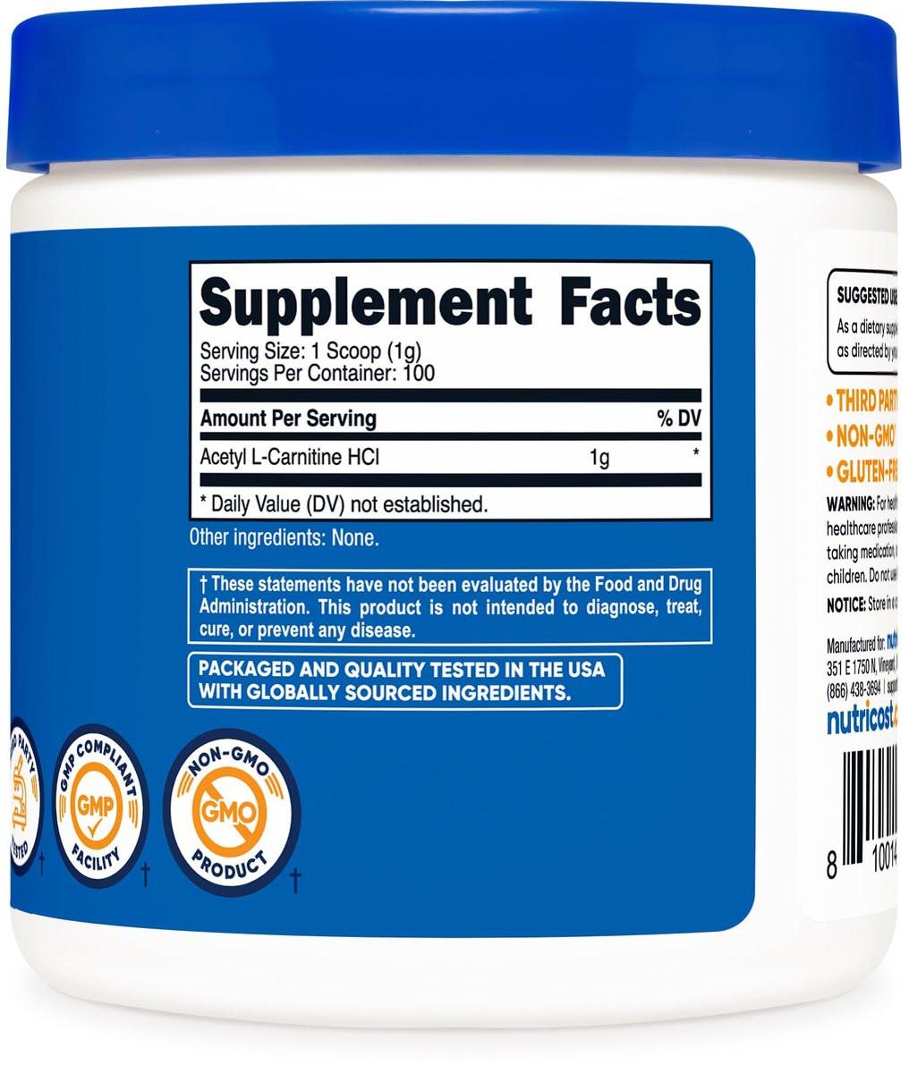 Nutricost Acetyl L-Carnitine HCI (ALCAR) 100 Grams per Container - 1G Per Serving - Non-GMO, Gluten Free, Unflavored - görsel 2