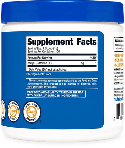 Nutricost Acetyl L-Carnitine HCI (ALCAR) 100 Grams per Container - 1G Per Serving - Non-GMO, Gluten Free, Unflavored