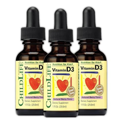 CHILDLIFE ESSENTIALS Baby Vitamin D3 Drops - for Infants, Children, & Toddlers, Liquid Vitamin D Drops, 500 IU per Serving, Immune & Bone Health Support, Natural Berry Flavor - 1 Fl Oz (Pack of 3)