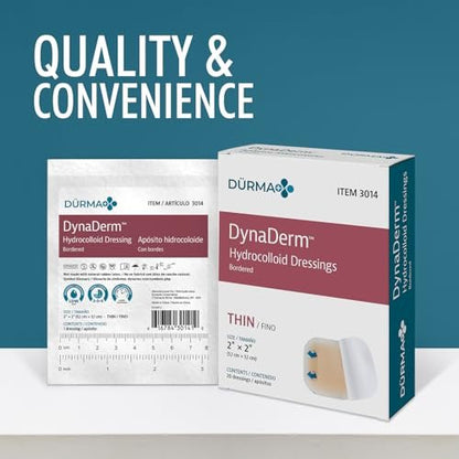 Dynarex Dürma+ DynaDerm™ Hydrocolloid Dressing - Sterile Bordered Wound Patch - Water-Resistant - Flexible Protection - Thin - 2" x 2" - 20 per Box